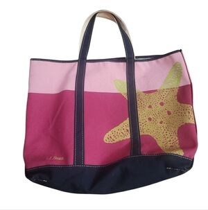 LL Bean Canvas Tote Pink Starfish Summer Beach Coastal Vacation Large RARE